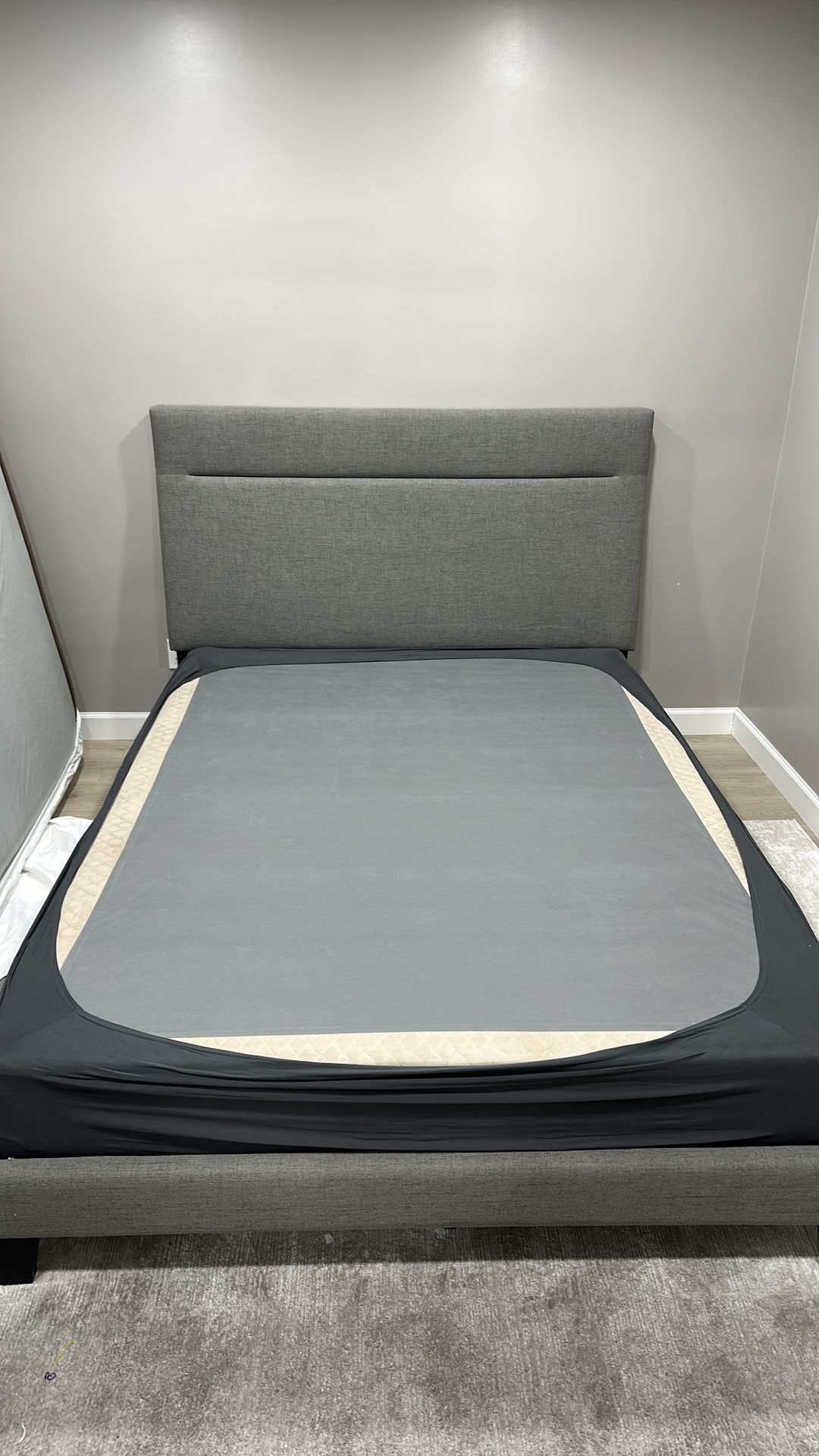 Modern Queen Bed Frame + Headboard + Box Spring (Great Condition)