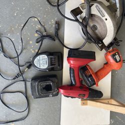 Drill and flashlight (battery operated) electric circular saw and chargers