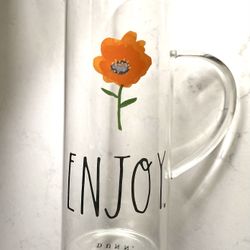 Rae Dunn Pitcher Glass Painted Orange Flower ENJOY Pitcher or Vase approx 9.75” tall 