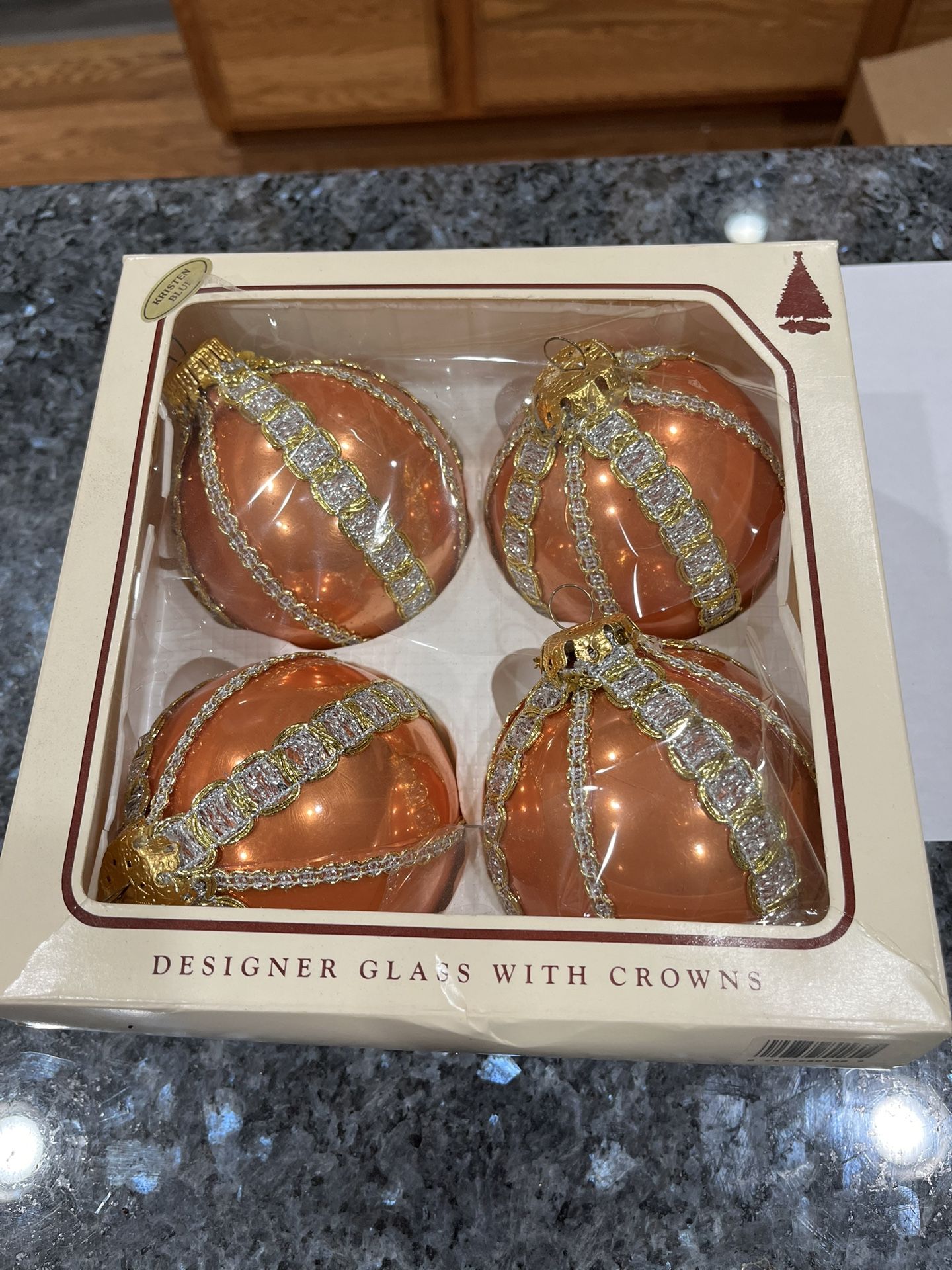Vintage Box of 4 Krebs Glass Hand Decorated and Ribboned Christmas Ornaments. Preowned no cracks or chips. In original packaging the plastic is torn