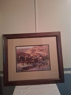 Vintage framed art print titled crossing the stream with cowboys most likely by John Leone