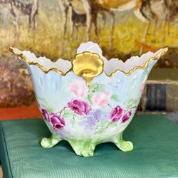 Haviland B&H Limoges France Hand Painted Floral Bowl Candy Nappy Reticulated