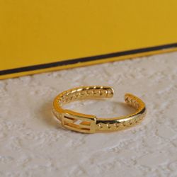 Fendi Gold Finish Baguette FF Logo Open Ring Size S