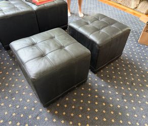 Set of 2 Black Faux Leather Storage Ottomans – Tufted Cube Footstools