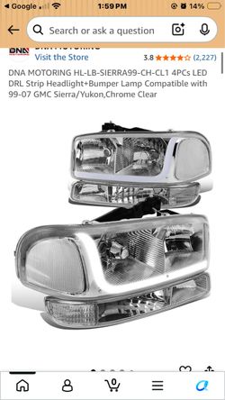 DNA MOTORING HL-LB-SIERRA99-CH-CL1 4PCs LED DRL Strip Headlight+Bumper Lamp Compatible with 99-07 GMC Sierra/Yukon, Chrome Clear