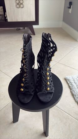 Black Suede Caged Heels with Gold Studs