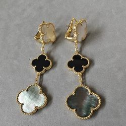 VCA Earrings Mother Of Pearl 3 Motif 18k Yellow Gold Plated 