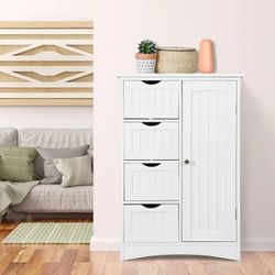 Bathroom Floor Cabinet, Freestanding Storage Cabinet with 4 Drawers and Adjustable Shelves, Modern Cupboard for Home Living Room Office, White