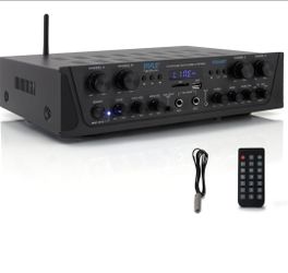 Pyle 4-Channel Audio Amplifier with Bluetooth - Home Stereo Receiver w/ 500W Max Power - Commercial or Karaoke - Dual Mic Input with Echo, Vol, Talk-O