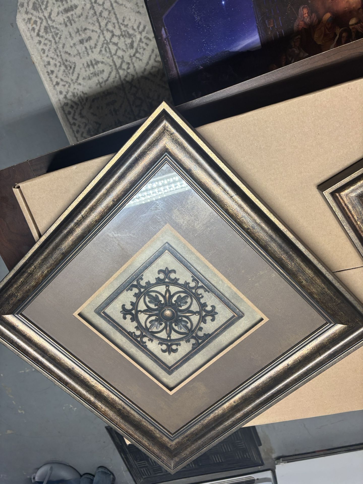 Set Of Two Kohl's Antiqued Gold Framed Double Matted Geometric Plaque 20" Square Picture