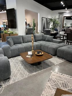 Midcentury inspired 2Pc grey Sectional Sofa w/rounded arms designed for relaxed lounging