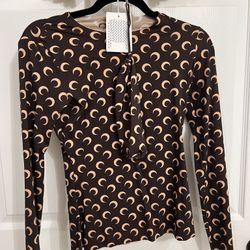 Marine Serre Black Long Sleeve Top with Beige Crescent Print