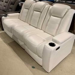 Party Time Power Reclining White Sofa