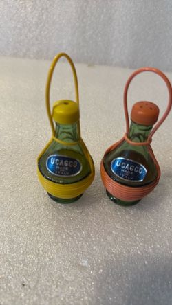 Vintage Ucagco Made in Italy Salt & Pepper Cruet Shakers w/ Wire Holders