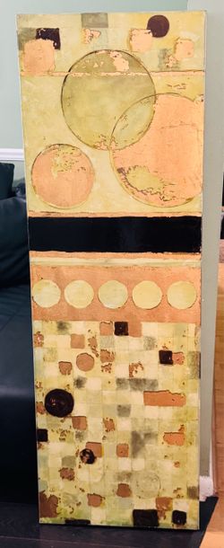 Large Abstract Mixed Media Panel — Sage Green Gold Geometric Circles, 20x60