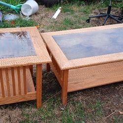 Mission Oak Coffee Table And End Table Smoked Glass Tops