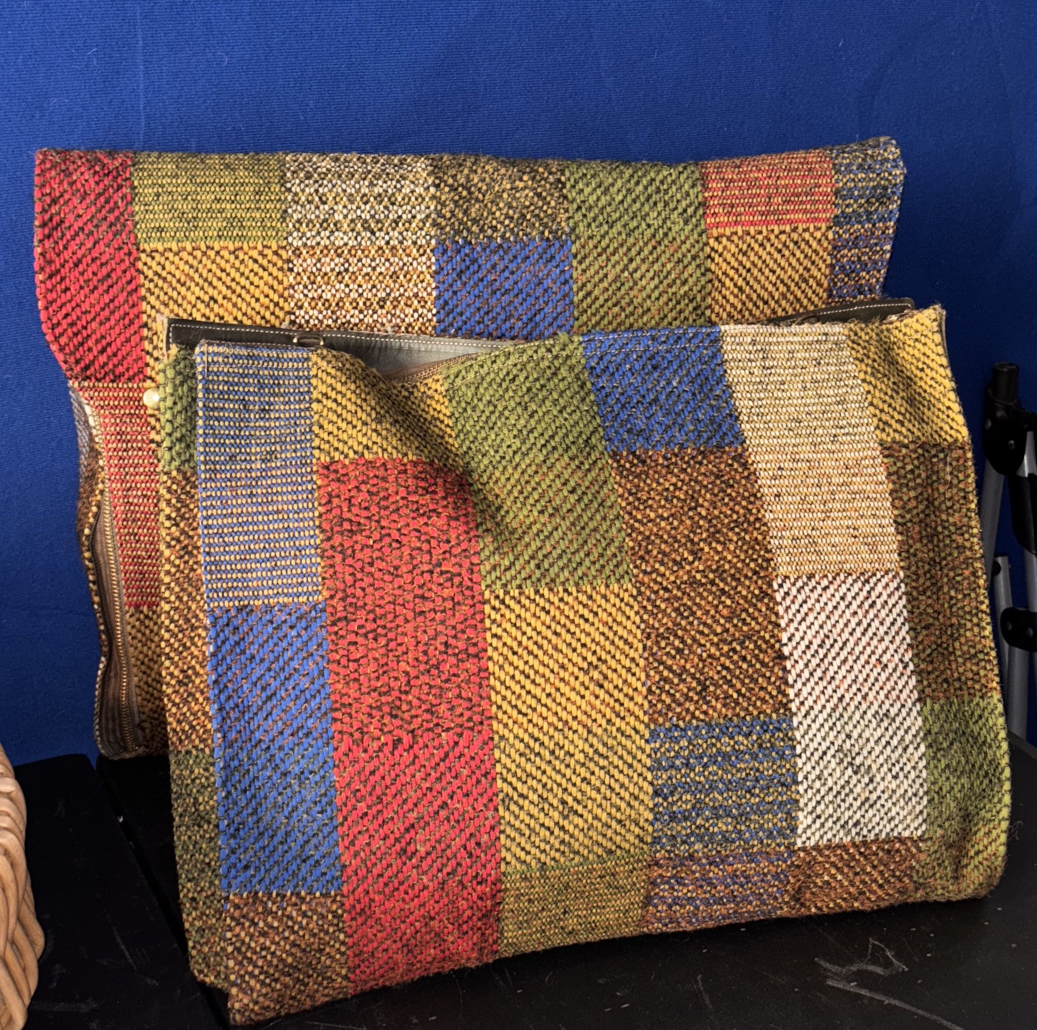 Two Oversized Patchwork Wool Tweed Portfolio Bags Folio Case Mid century