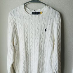 Polo Ralph Lauren White Cable Knit Sweater – Black Pony Logo – New With Tags