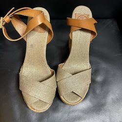 Tory Burch Espadrille Wedge Ankle Strap Sandals Beige Brown Fabric Leather Logo