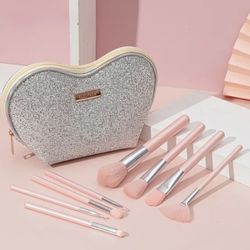 Pink Makeup Brush Set with Heart Cosmetic Bag – 10 Pieces 
