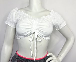 Women Puff Sleeves Crop Top With Drawstring 