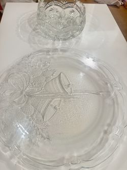 Vintage Christmas Glass Platter & Crystal Serving Bowl Set – 15” & 9”