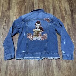 Disney Parks Princess Belle Denim Distressed Sequins Jacket Girls size 11/12 But
