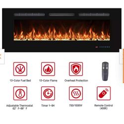 30” Electric Fireplace , Wall Mounted,13 Flame Colors, Thermostat in Black W-71