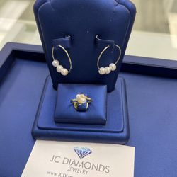 Ring , Earrings 14k Pearl 