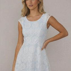 Emerald Sundae Juniors Fit-and-Flare Dress - Light Blue Lining White Lace Overlay - Size 3 - New w/o Tag 

