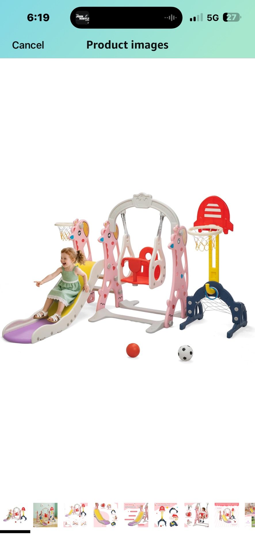 New pink and white three-piece play set. Slide swing and basketball hoop with soccer net