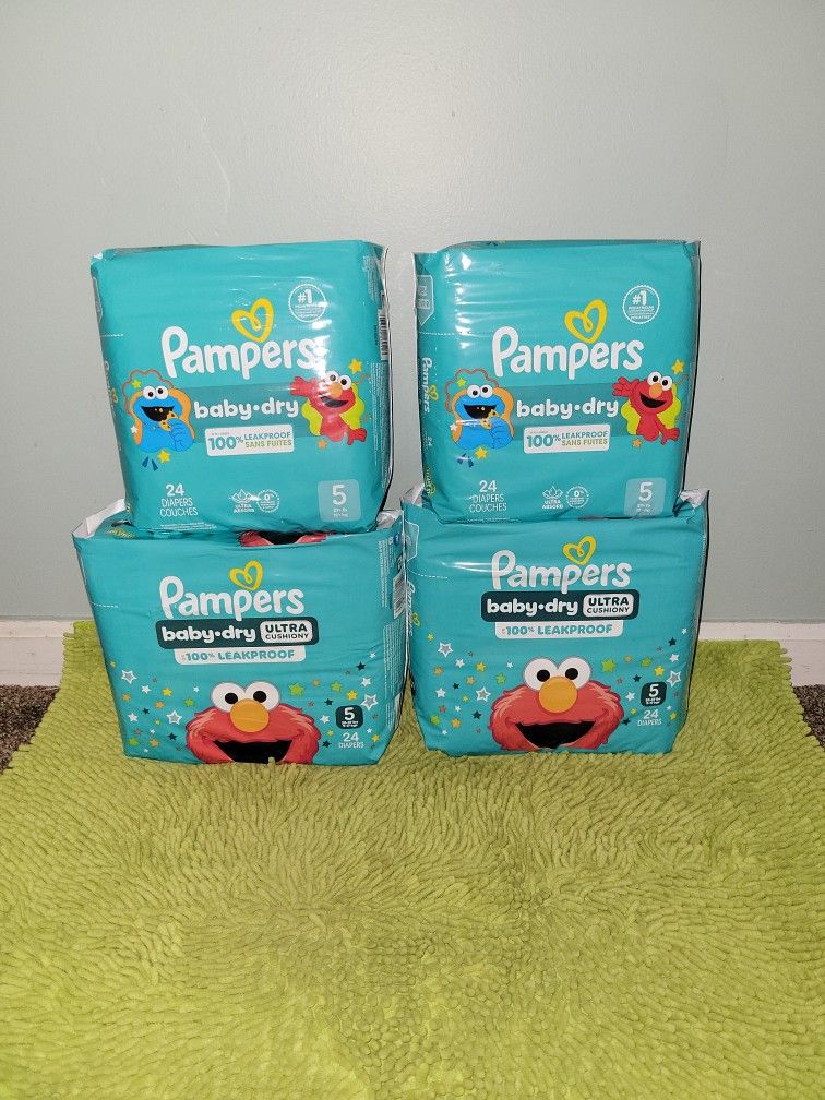 4 Pack 24 Diapers #5 Pampers Baby Dry