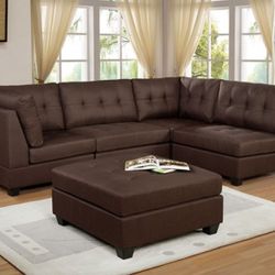 Brand New Plush Brown Sectional Sofa w Ottoman 