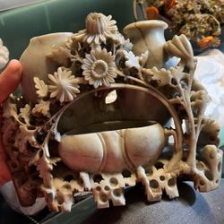HEAVY Vintage Carved Stone Multi-Vase Floral Sculpture
