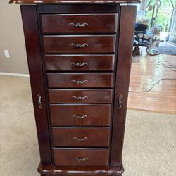 Jewelry Chest with Pop Up Mirror, 2 Sides, 8 Drawers