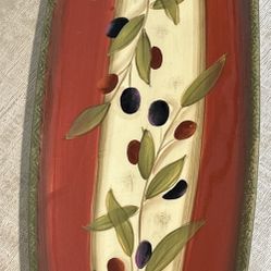 Antique Olive by Clay Art Oval Platter Black Red Olives Tan Red Band Green Edge