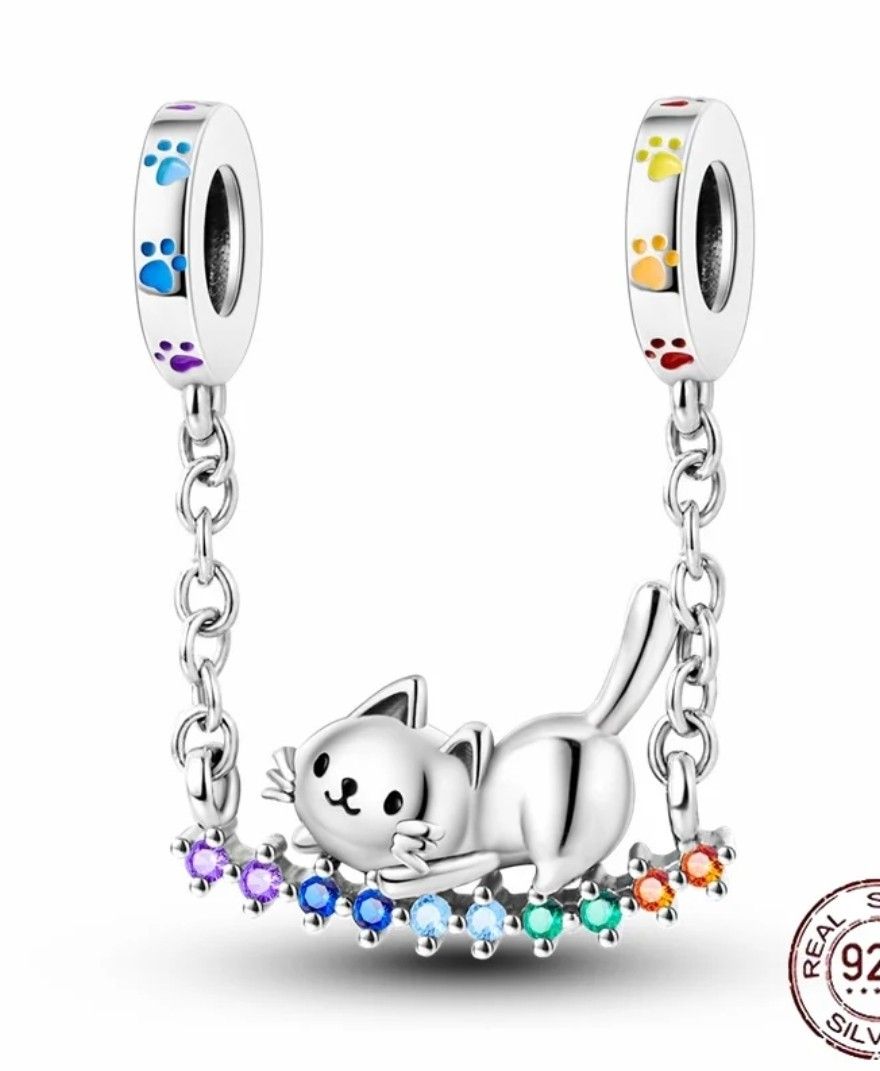 Silver Safety Chain Charm Color Full Paw Cat For Pandora Bracelet And Cuff