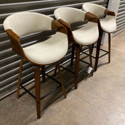Curvo 26" Swivel Counter Stools - Walnut Wood & Cream Fabric (Set of 3)