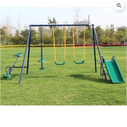 Metal Swing Set Outdoor With Slide And Teeter Totter