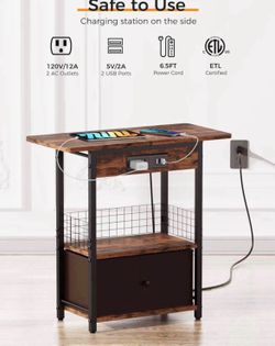 GiveBest End Table with Charging Station, Narrow Side Table with USB Ports and Outlets, Sofa Couch Table for Small Spaces, Slim Bedside Table Nightsta