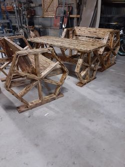 Wagon wheel table and chairs.