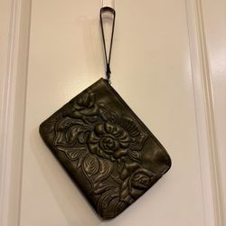 Patricia Nash leather green rose embossed wristlet