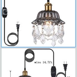 Hanging Light Grey Glass Swag Light with 14.7 Ft Plug-in Cord and On/Off Dimmer Switch, Modern Crystal Chandelier Plug in Pendant Light for Bedroom Ki