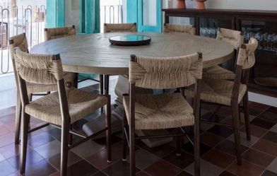 Round Wood Dining Table with 6 Rush Chairs