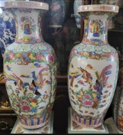 25" Pair Of 1960's Chinese Famille Rose Porcelain Floor Vases