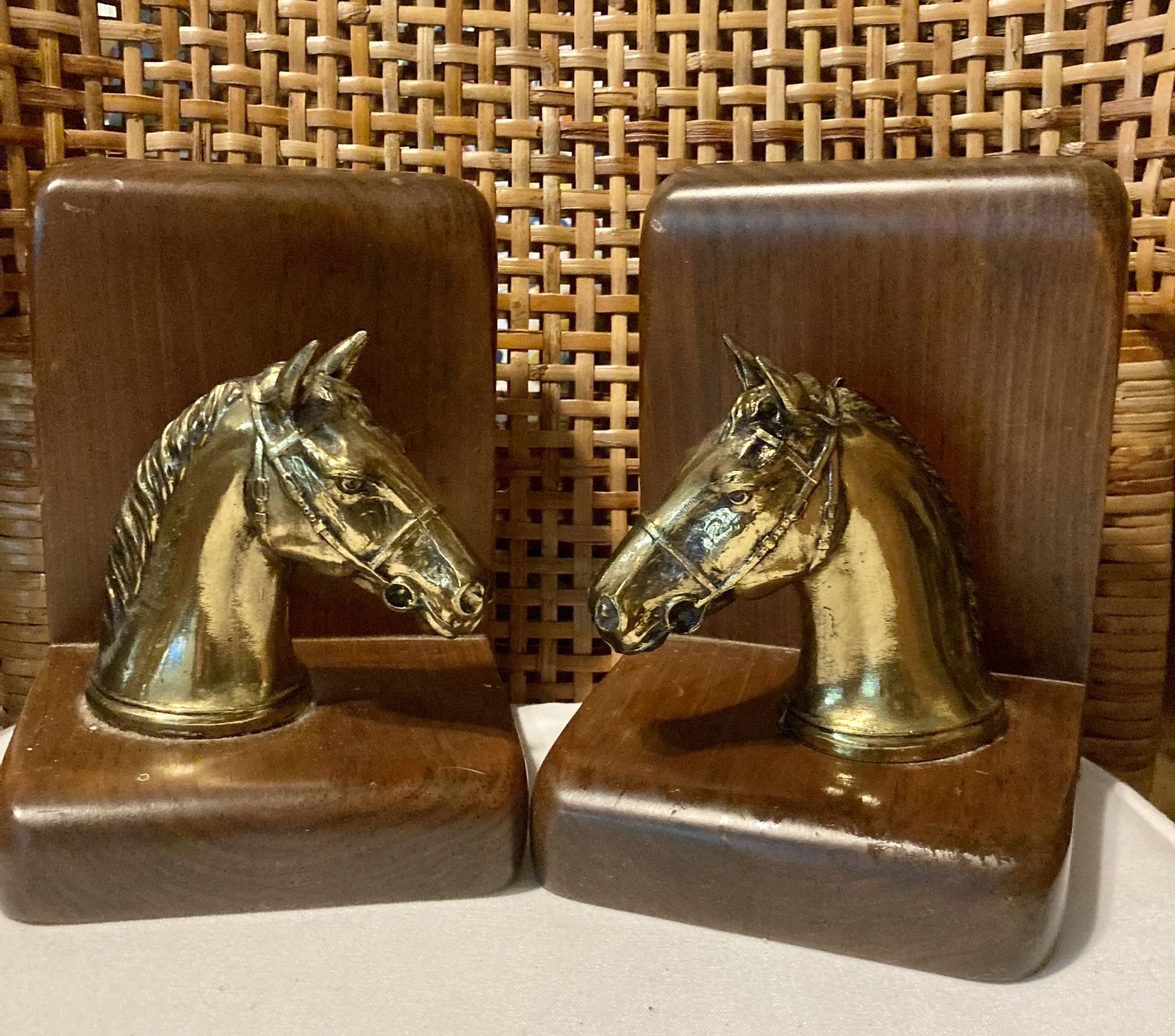 Vintage Wood And Brass Horse Bookends - 1970