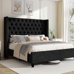 Full Size Black Velvet Bed With Mattress