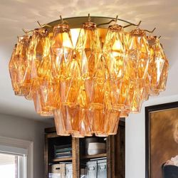 Amber Ceiling Light, 17" Modern Crystal Glass Chandelier for Bedroom, 3-Light Round Flush Mount Ceiling Ligh for Living Room, Bathroom, Hallway, Entry
