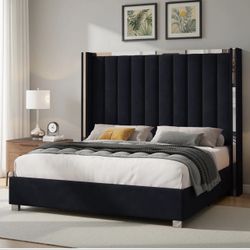 Gerasim Bed Frame with 58" Tall Headboard, Velvet Upholstered Platform Bed