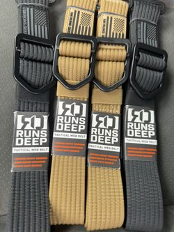 New RUNS DEEP TACTICAL tactical web belt. Belt has rugged heavy webbing, reinforced stitching, and heavy cast buckle. Available in black and tan. Some